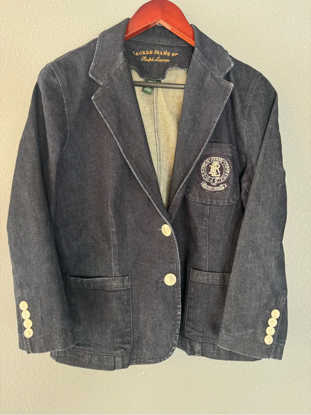 Lauren Jeans Co Ralph Lauren Womens L Denim Blazer Crest Patch Dark Wash